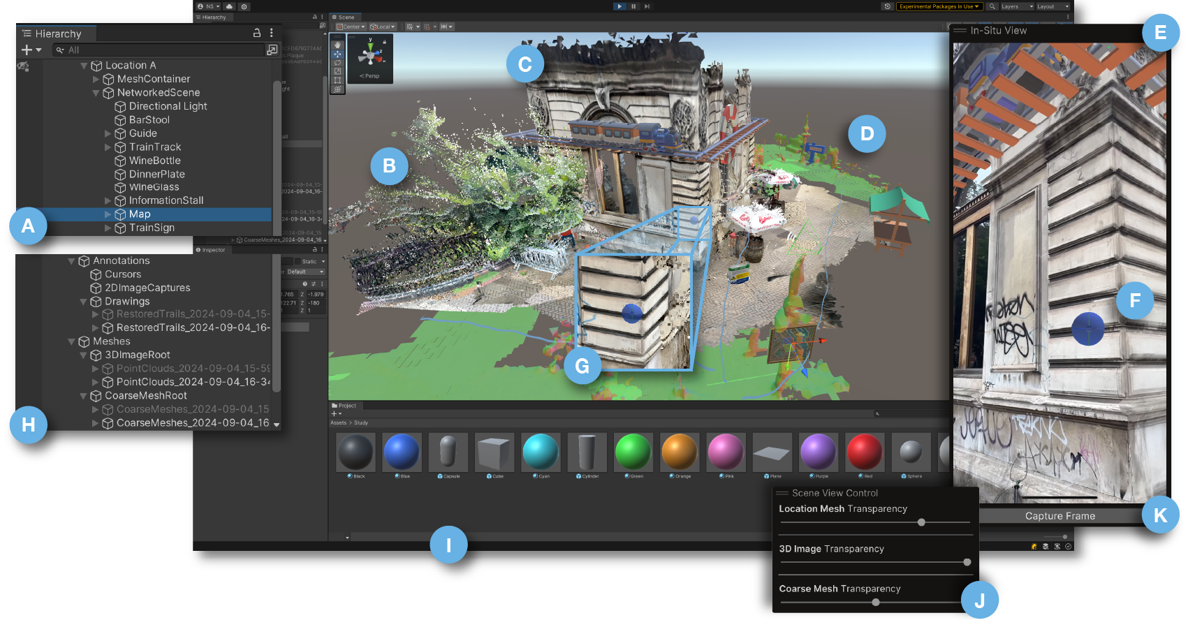 A screen capture of Unity with additional panels described in the caption. This is CoCreatAR's UI for the ex-situ user. A: A separate Unity panel with the scene hierarchy. B: A 3D point cloud within the main Scene panel. C: A 3D mesh within the main Scene panel. D: Planes (coarse meshes) within the main Scene panel. E: A separate panel with a real-world view from the in-situ user. F: A blue sphere within the In-Situ View panel. G: A blue sphere within the main Scene panel. H: An extension of the scene hierarchy panel. I: Assets in the Project panel, including various materials and standard prisms. J: Sliders within a Scene View Control panel, allowing for the adjustment of the meshes' and 3D snapshots' transparencies.